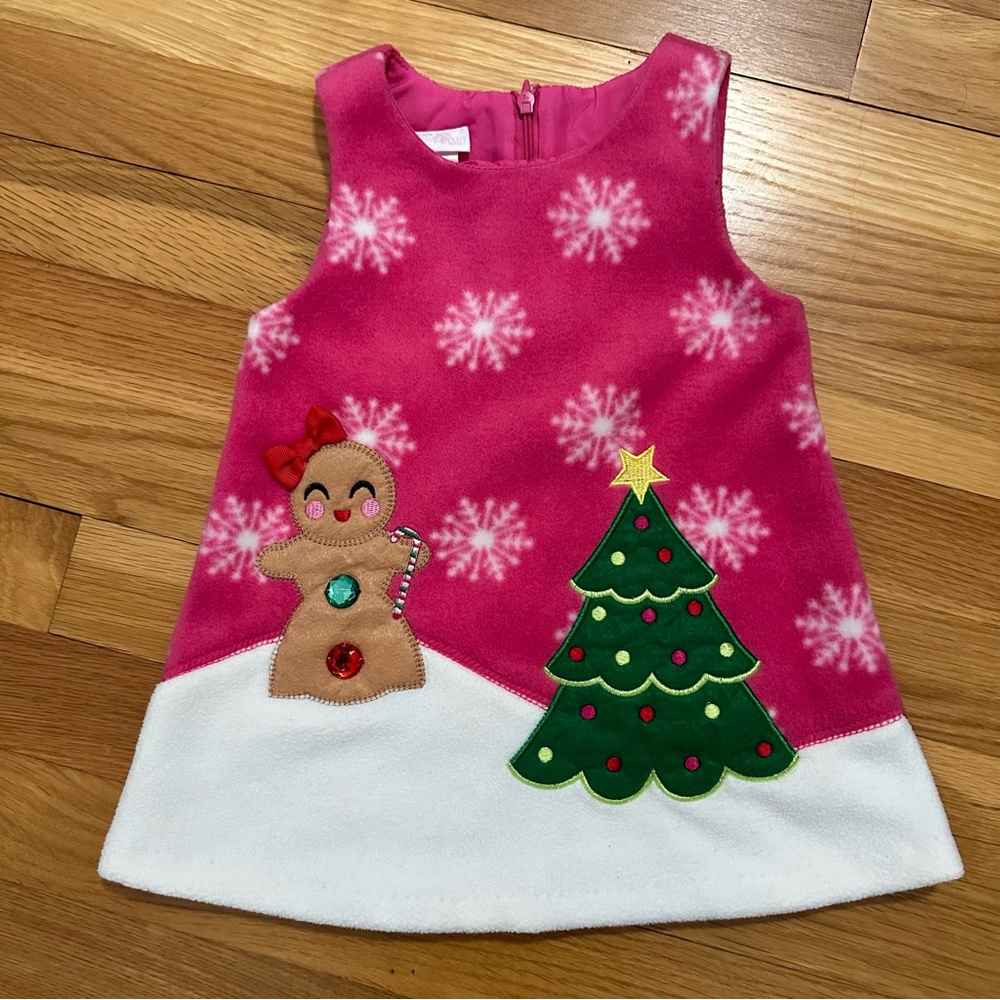 Bonnie Baby Pink Feece Holiday Dress 12 months Gingerbread Girl and Christmas